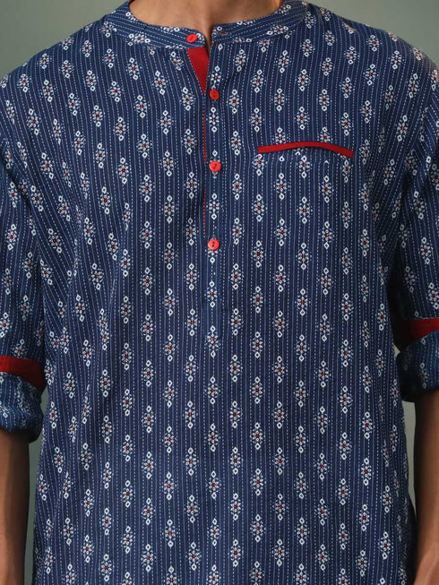 Vastramay Mens Navy Blue Striped Cotton Kurta Pyjama Set