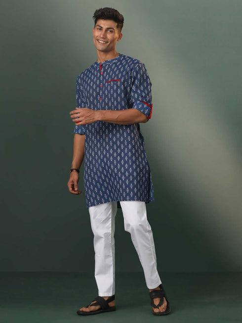 Vastramay Mens Navy Blue Striped Cotton Kurta Pyjama Set