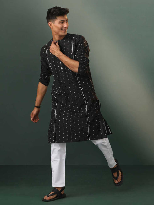 Vastramay Mens Black Jacquard Cotton Kurta Pyjama Set