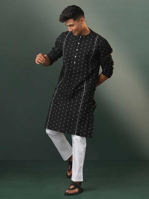Vastramay Mens Black Jacquard Cotton Kurta Pyjama Set