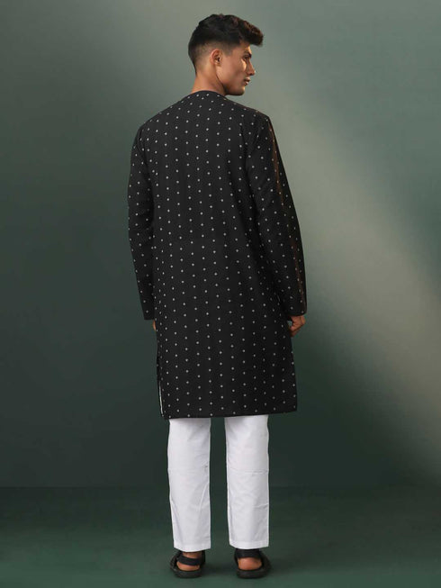 Vastramay Mens Black Jacquard Cotton Kurta Pyjama Set