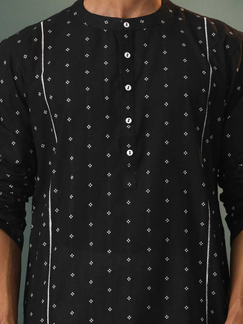 Vastramay Mens Black Jacquard Cotton Kurta Pyjama Set