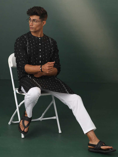 Vastramay Mens Black Jacquard Cotton Kurta Pyjama Set