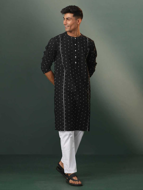 Vastramay Mens Black Jacquard Cotton Kurta Pyjama Set