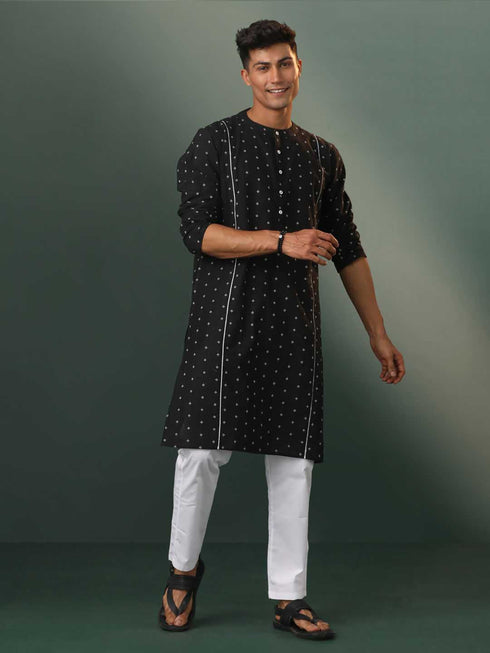 Vastramay Mens Black Jacquard Cotton Kurta Pyjama Set