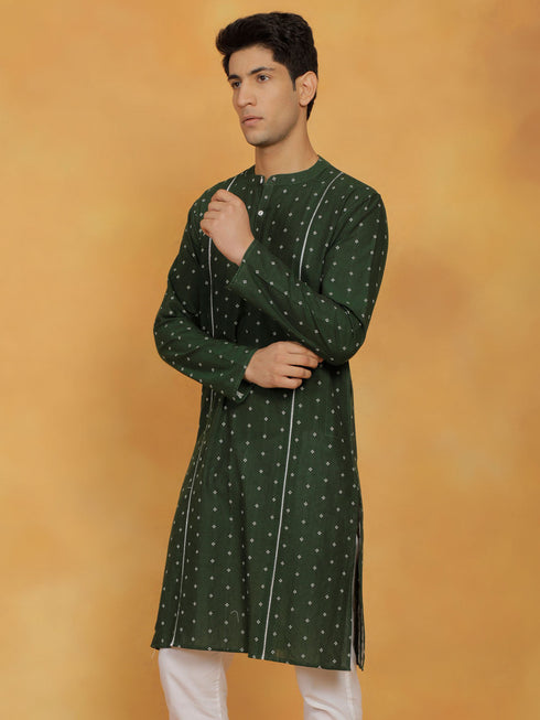 Vastramay Mens Bottle Green Cotton Kurta