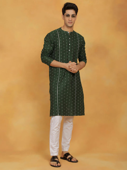 Vastramay Men's Bottle Green And White Cotton Kurta Pyjama Set