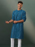 Vastramay Men's Turquoise Blue Jacquard Cotton Kurta