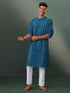 Vastramay Mens Turquoise Blue Jacquard Cotton Kurta Pyjama Set