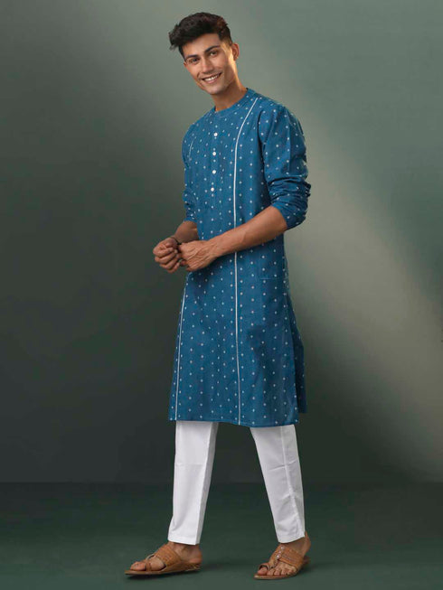 Vastramay Mens Turquoise Blue Jacquard Cotton Kurta Pyjama Set
