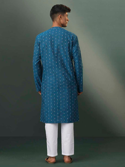 Vastramay Mens Turquoise Blue Jacquard Cotton Kurta Pyjama Set