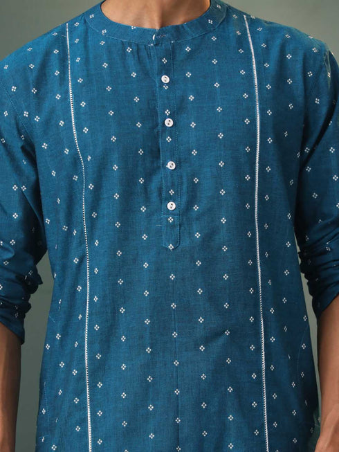 Vastramay Mens Turquoise Blue Jacquard Cotton Kurta Pyjama Set