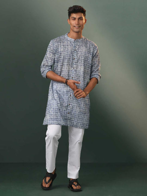 Vastramay Men's Grey Geometric Print Cotton Blend Kurta Pyjama Set