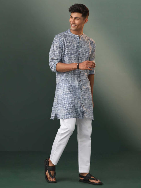 Vastramay Men's Grey Geometric Print Cotton Blend Kurta Pyjama Set
