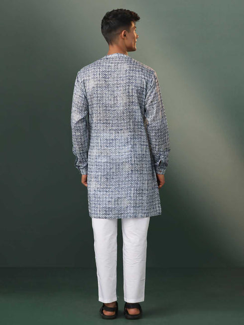 Vastramay Men's Grey Geometric Print Cotton Blend Kurta Pyjama Set