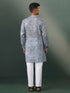 Vastramay Men's Grey Geometric Print Cotton Blend Kurta Pyjama Set