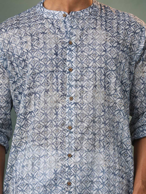 Vastramay Men's Grey Geometric Print Cotton Blend Kurta Pyjama Set