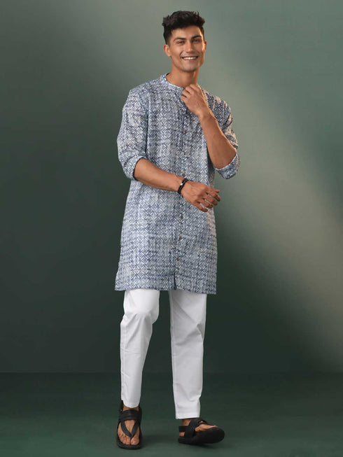 Vastramay Men's Grey Geometric Print Cotton Blend Kurta Pyjama Set