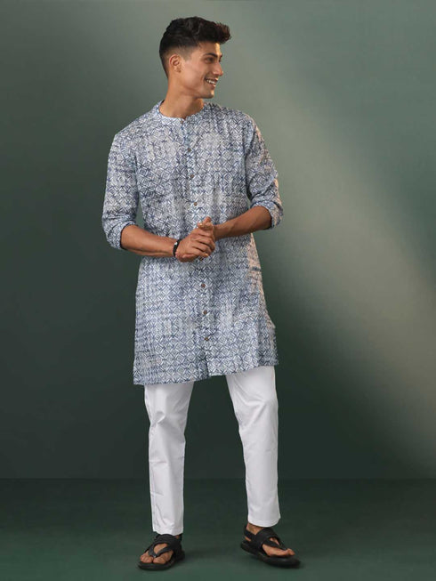 Vastramay Men's Grey Geometric Print Cotton Blend Kurta Pyjama Set