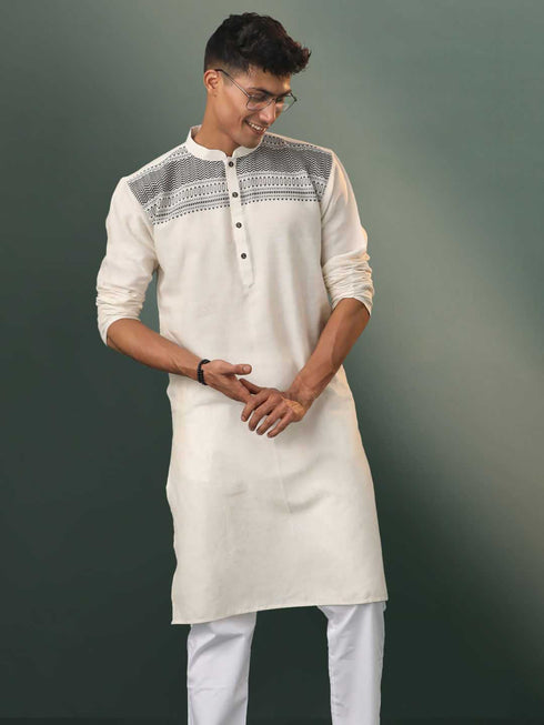 Vastramay Men's Cream Jacquard Cotton Kurta
