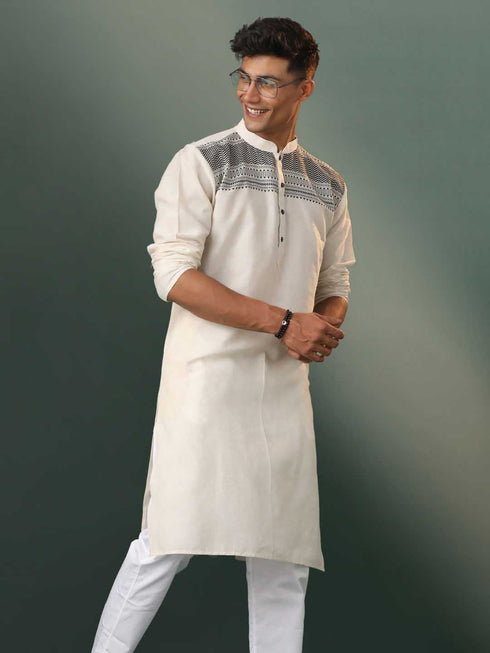 Vastramay Men's Cream Jacquard Cotton Kurta