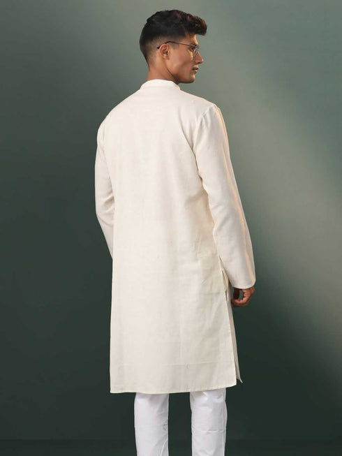 Vastramay Men's Cream Jacquard Cotton Kurta