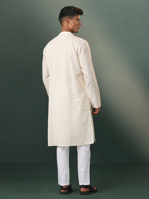 Vastramay Men's Cream Jacquard Cotton Kurta Pyjama Set