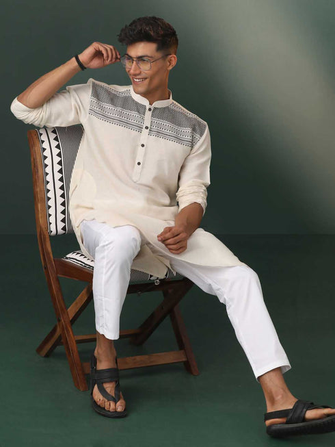 Vastramay Men's Cream Jacquard Cotton Kurta Pyjama Set