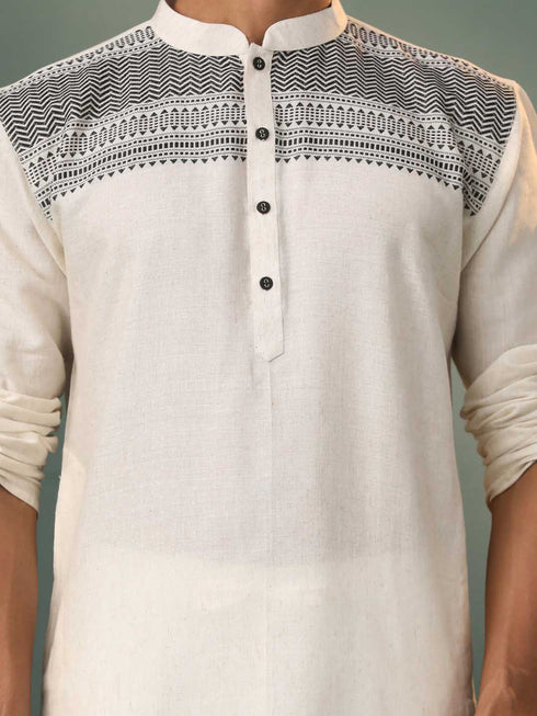 Vastramay Men's Cream Jacquard Cotton Kurta Pyjama Set