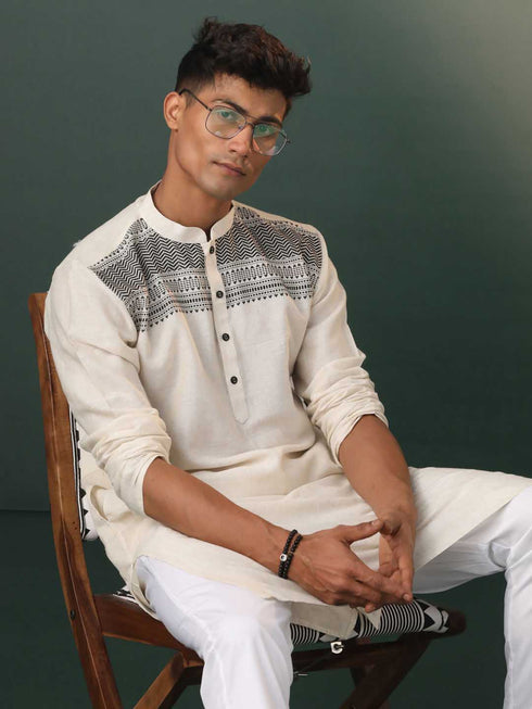 Vastramay Men's Cream Jacquard Cotton Kurta Pyjama Set