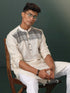 Vastramay Men's Cream Jacquard Cotton Kurta Pyjama Set