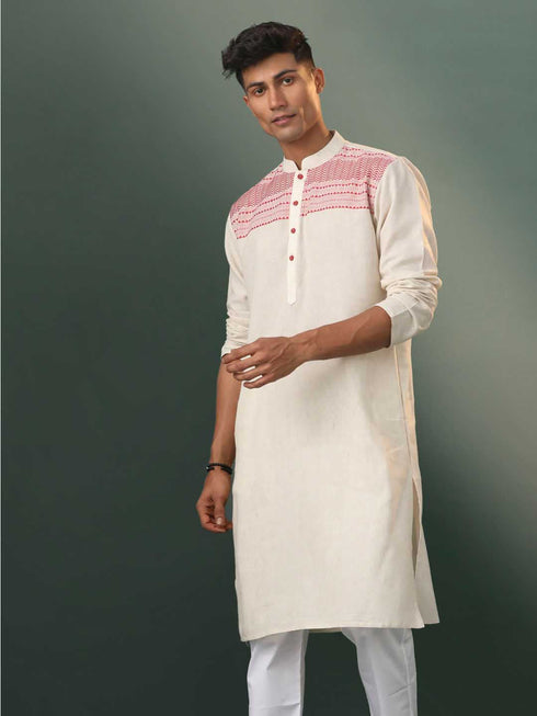 Vastramay Men's Cream Jacquard Cotton Kurta