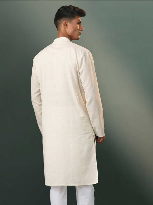 Vastramay Men's Cream Jacquard Cotton Kurta