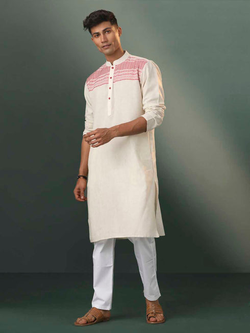 Vastramay Men's Cream Jacquard Cotton Kurta Pyjama Set