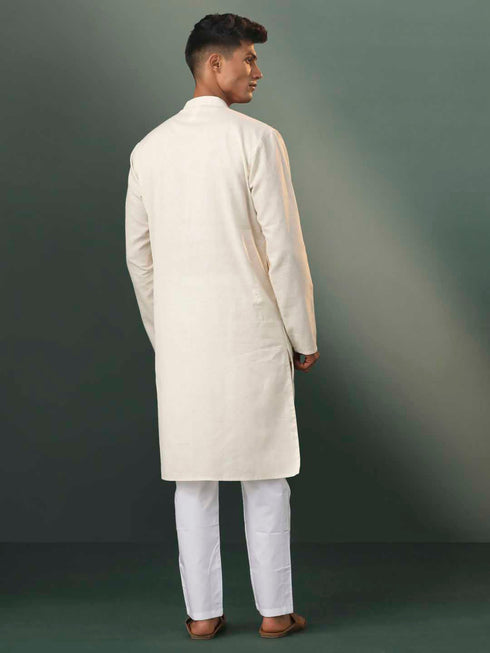 Vastramay Men's Cream Jacquard Cotton Kurta Pyjama Set