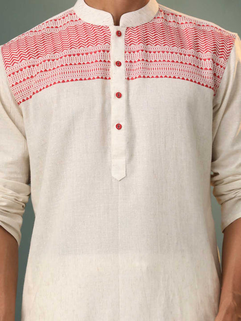 Vastramay Men's Cream Jacquard Cotton Kurta Pyjama Set
