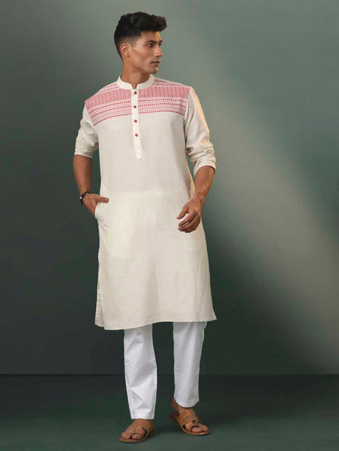 Vastramay Men's Cream Jacquard Cotton Kurta Pyjama Set