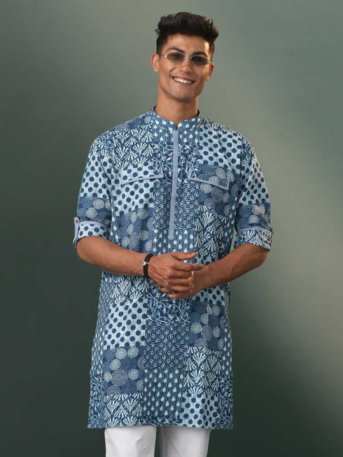 Vastramay Men's Grey Block Print Cotton Kurta