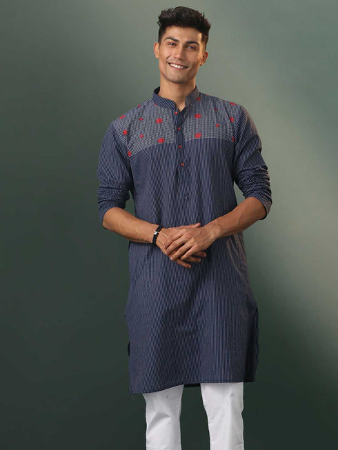 Vastramay Men's Navy Blue Striped Cotton Kurta
