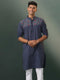 Vastramay Men's Navy Blue Striped Cotton Kurta