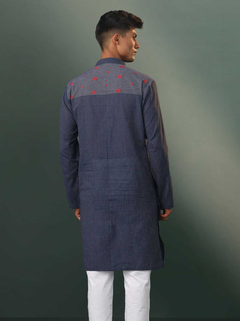 Vastramay Men's Navy Blue Striped Cotton Kurta