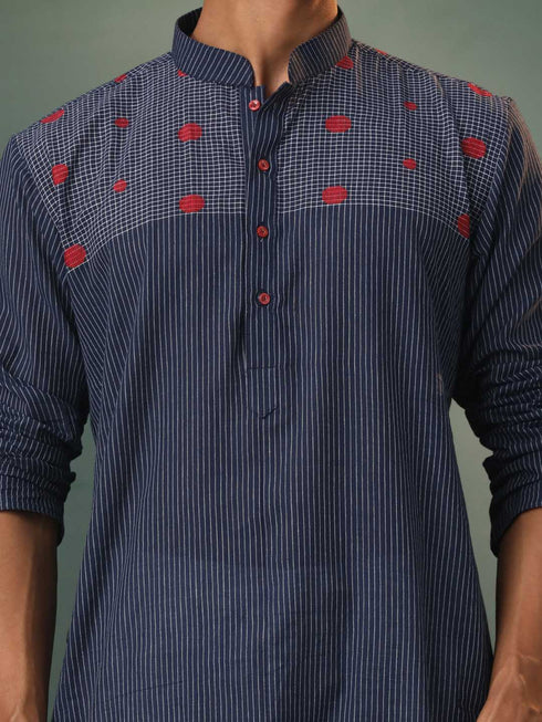 Vastramay Men's Navy Blue Striped Cotton Kurta