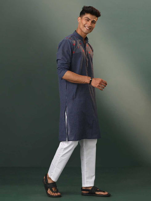 Vastramay Men's Navy Blue Striped Cotton Kurta Pyjama Set