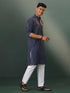 Vastramay Men's Navy Blue Striped Cotton Kurta Pyjama Set