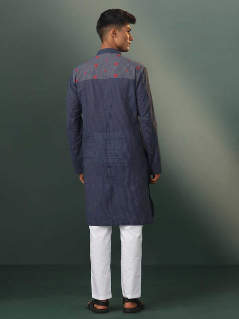 Vastramay Men's Navy Blue Striped Cotton Kurta Pyjama Set