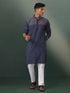 Vastramay Men's Navy Blue Striped Cotton Kurta Pyjama Set