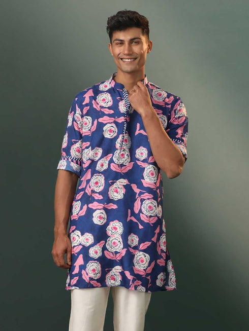 Vastramay Men's Navy Blue Floral Print Cotton Blend Kurta