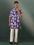 Vastramay Mens Navy Blue Floral Print Cotton Blend Kurta Pyjama Set