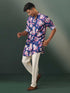 Vastramay Men's Navy Blue Floral Print Cotton Blend Kurta Pyjama Set