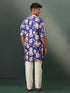 Vastramay Mens Navy Blue Floral Print Cotton Blend Kurta Pyjama Set